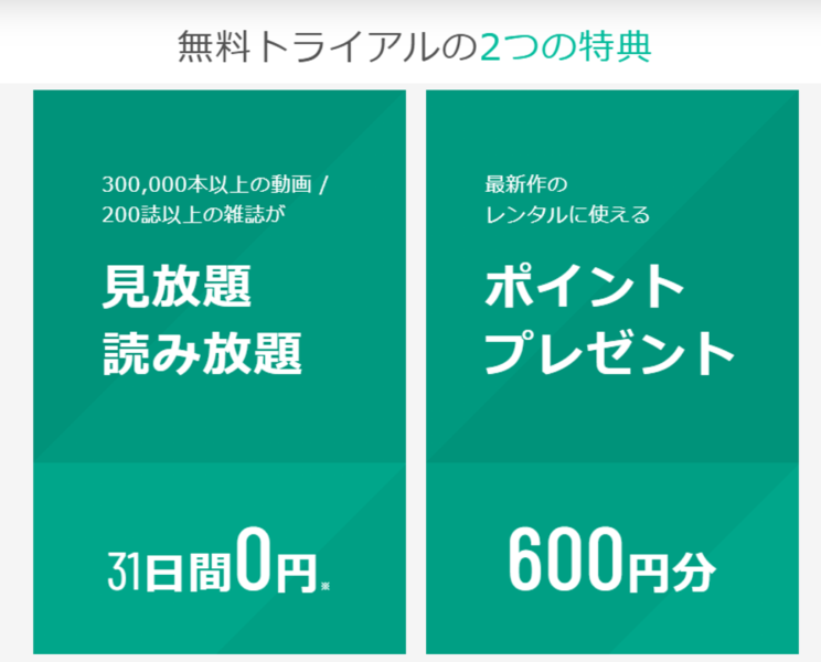 U-NEXTの無料トライアルの2つの特典  ・見放題読み放題・ポイントプレゼント