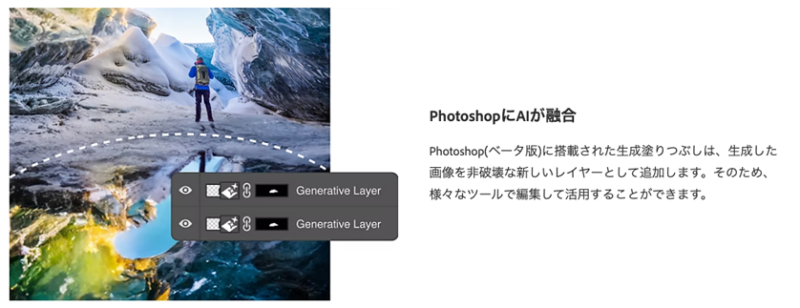 Photoshopでは、生成塗りつぶし機能によって新たなレイヤーの生成が簡単に